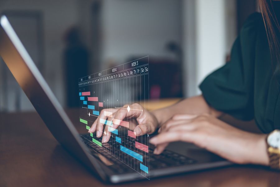 Business people check schedule on table in visual screen, meetin